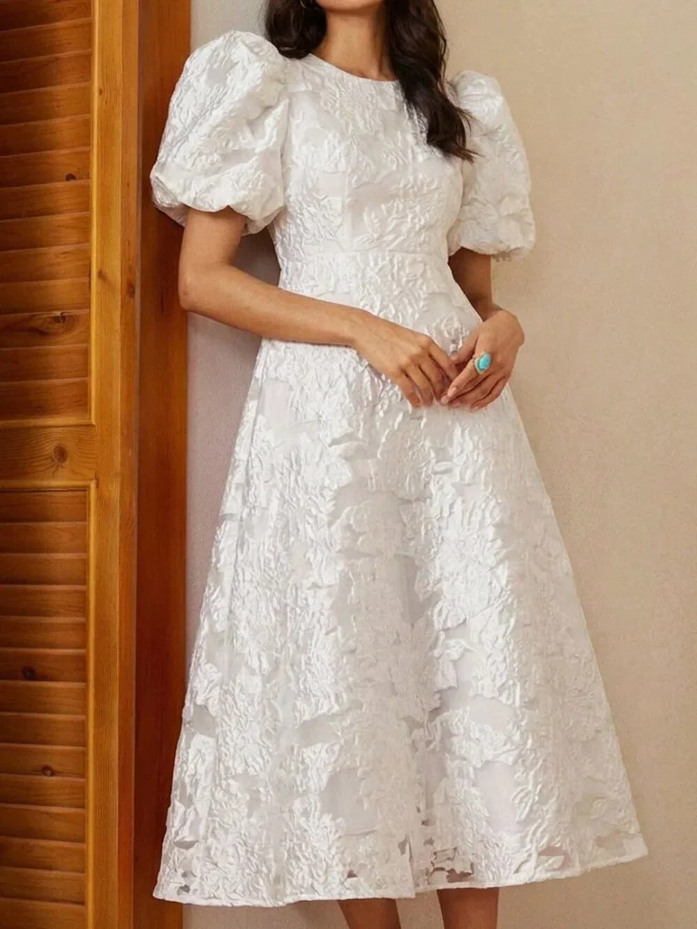 White Preppy Women's Romantic Rose 3D V-Neck Petal Sleeve Cinched Waist Dress